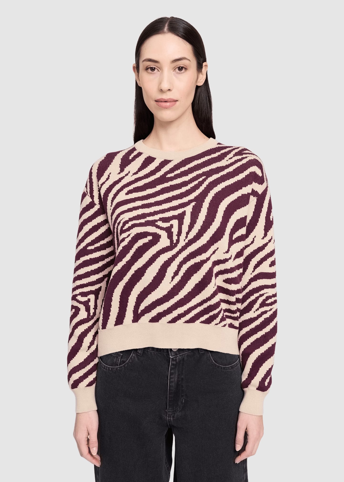 Zebra Jacquard Knit Jumper Light Beige Burgundy