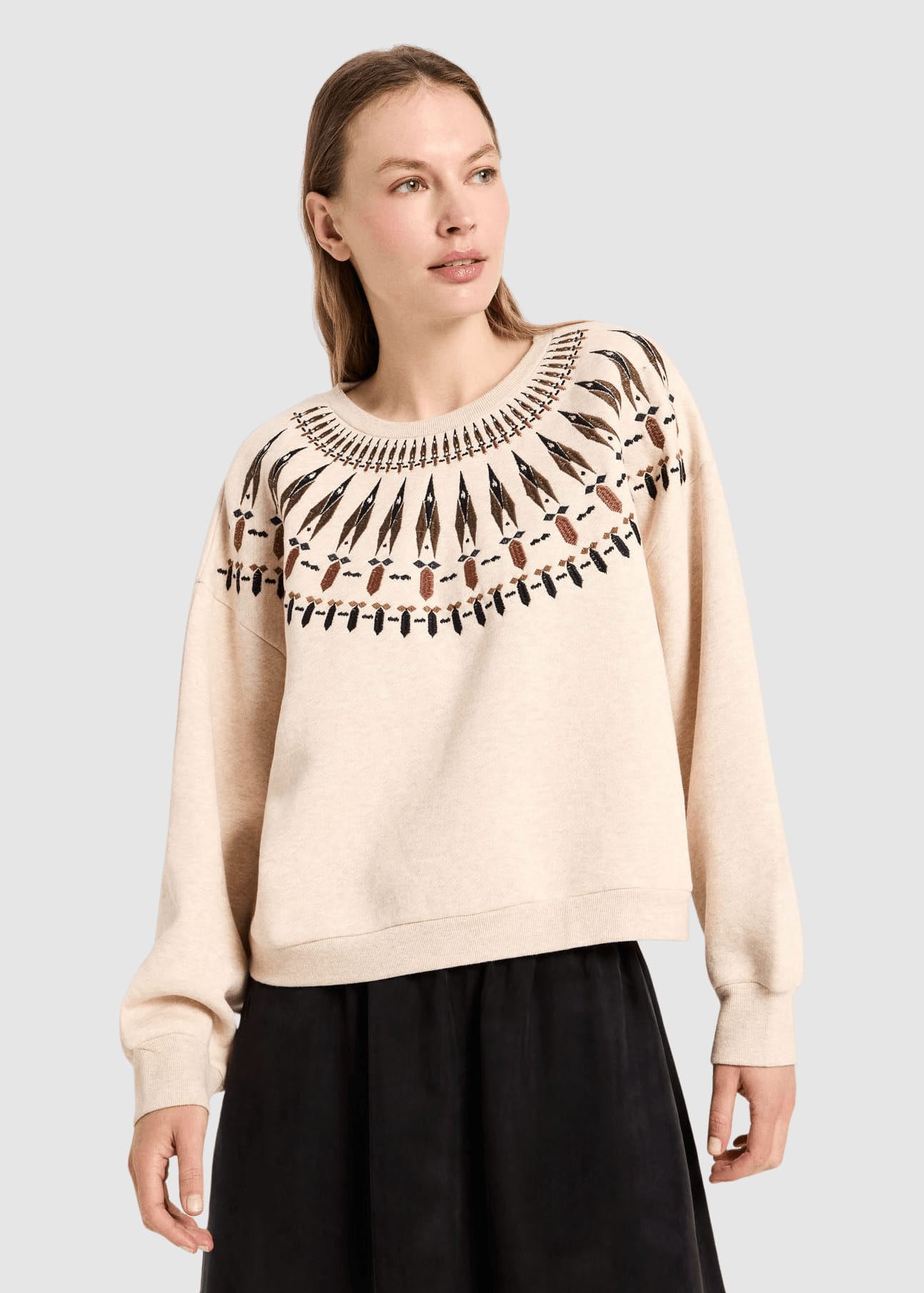 Statementsweatshirt Creme Melange/ Brown