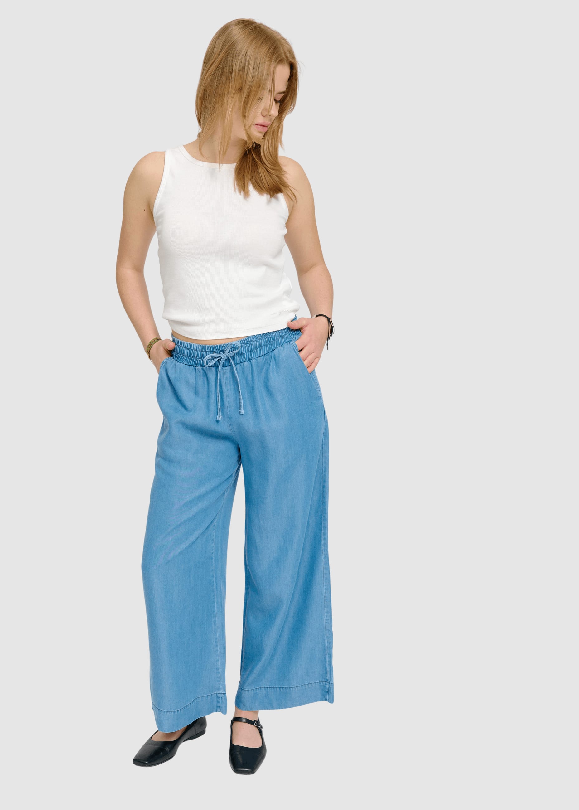 Wide Leg Tencel Pants Elastic Dark Blue Wash Wide Leg Tencel Pants Elastic Dark Blue Wash