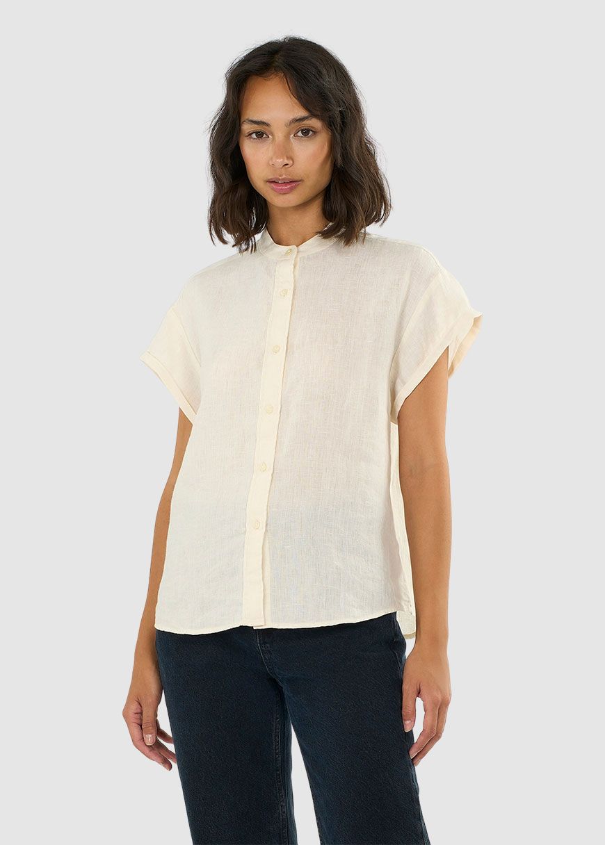 Collar Stand Short Sleeve Linen Shirt