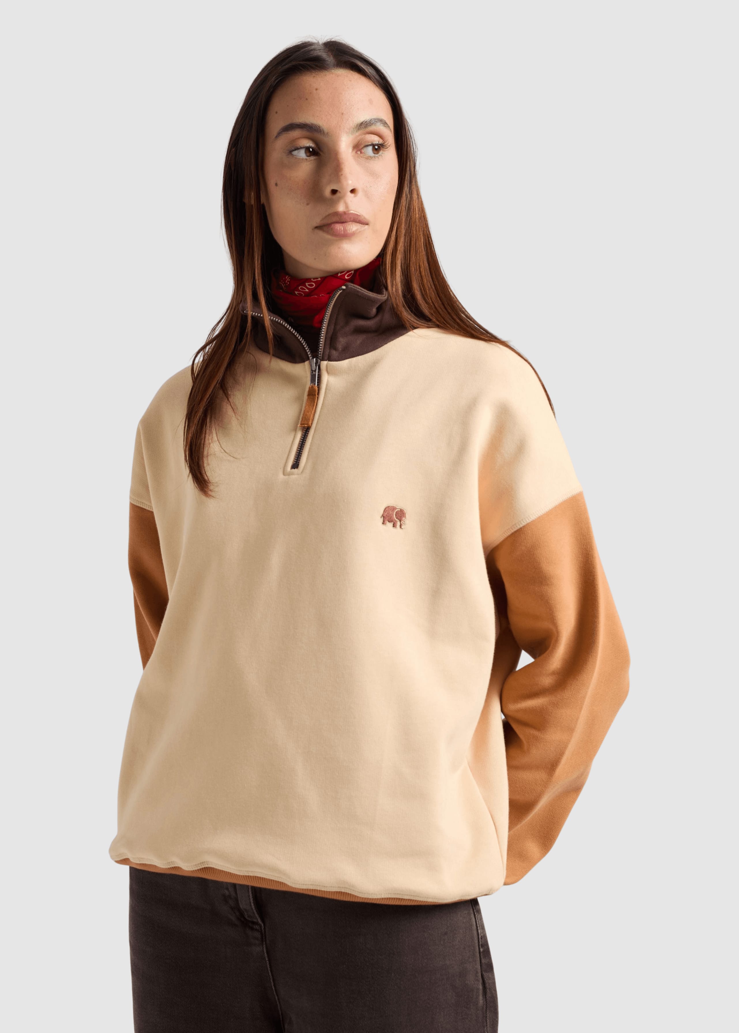 trendsplant-women-s-color-block-quarter-zip-sweatshirt-gray-sand-brown-1.jpeg Women's Color Block Quarter Zip Sweatshirt Gray Sand Brown