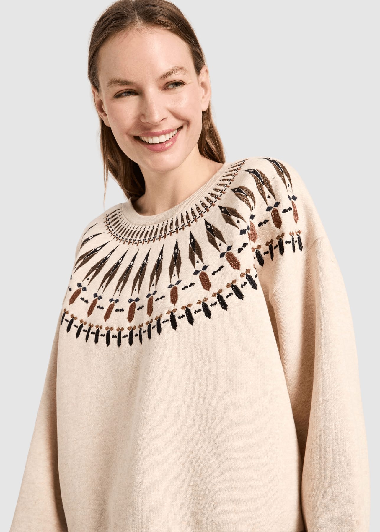 Statementsweatshirt Creme Melange/ Brown