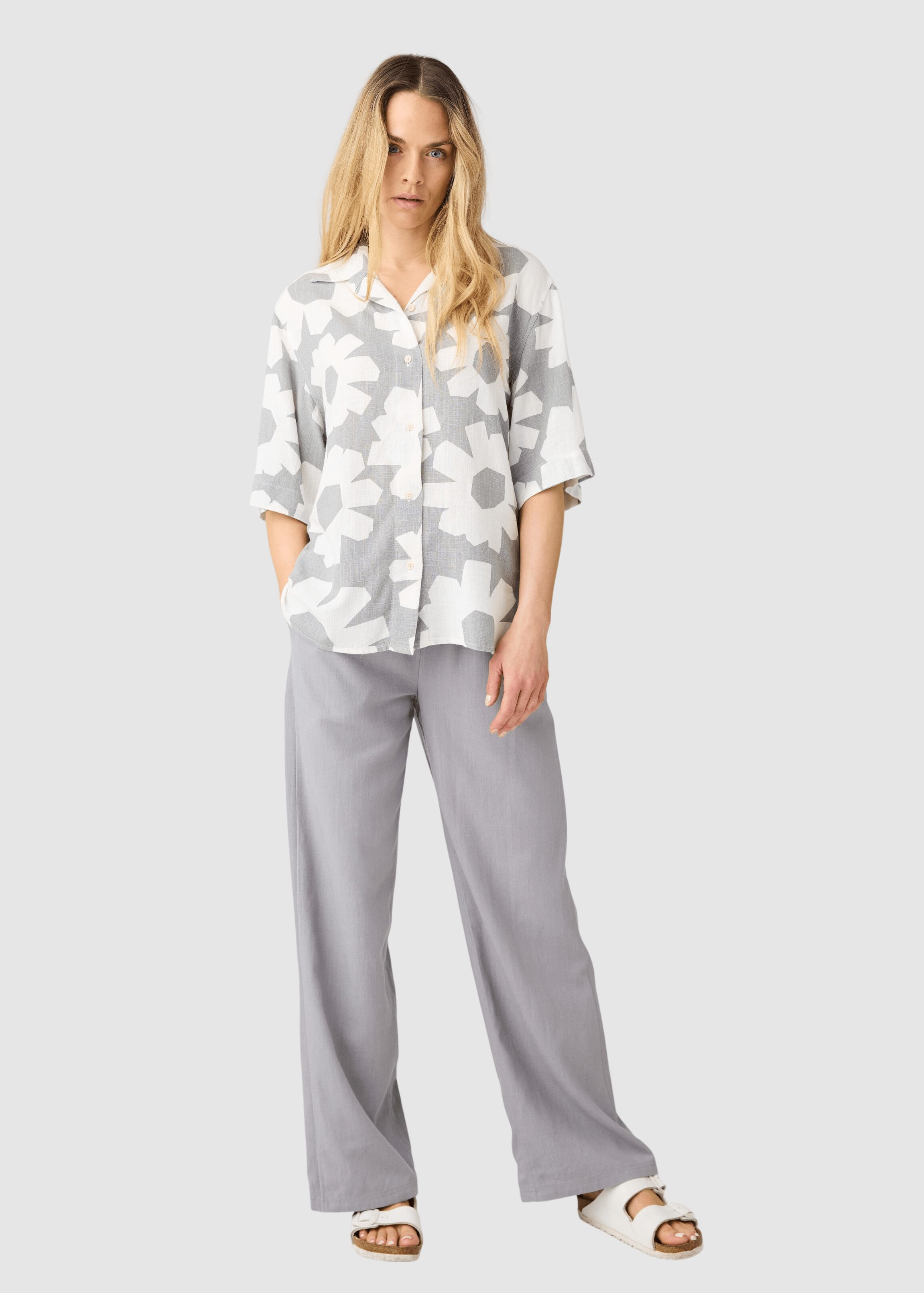 Loose Linen-MIX Print Short Sleeve Shirt Grey
