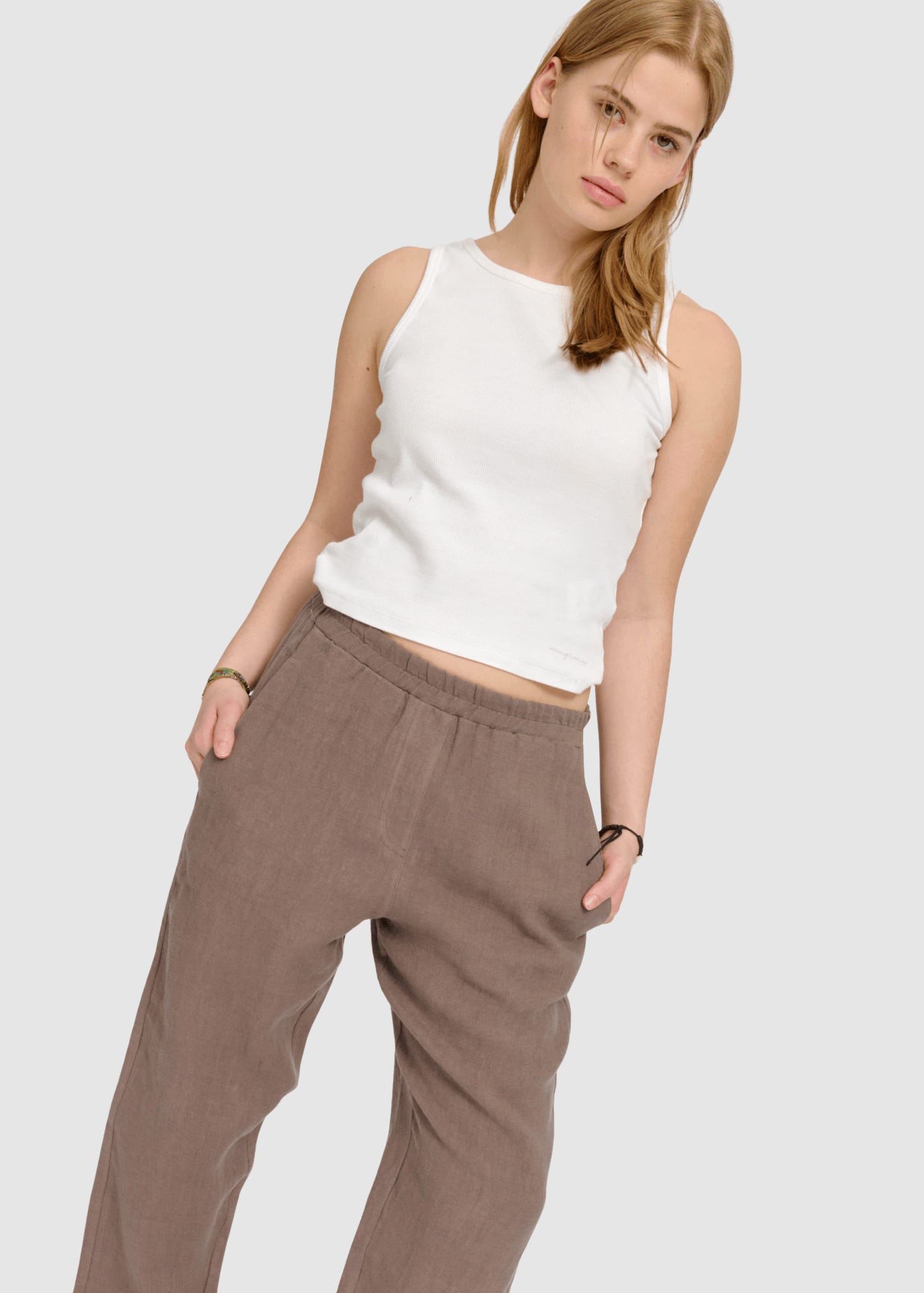 Straight Leg Linen Pants Grey Brown